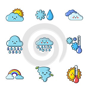 Wet weather icons set, cartoon style