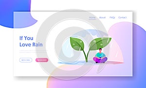 Wet Weather Landing Page Template. Drenched Tiny Man Holding Cup of Hot Beverage Sit under Huge Plant Leaves at Rain