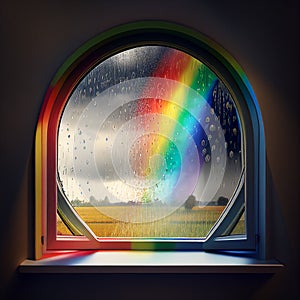 A wet window with raindrops, a rainbow outside the window in the distance, symbolizes hope