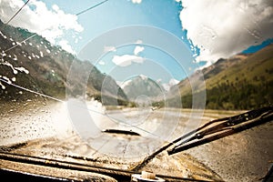 Wet windshield of an off-road car