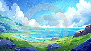A wet and windy summer landscape with a lake, green fields, and mountains. Modern cartoon illustration of nature