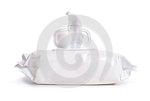 A wet wipe, also known as a wet towel or a moist towelette. Isolated on white background