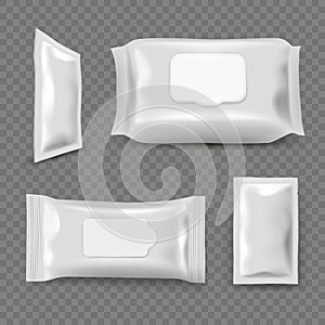 Wet wipes. Realistic mockup of paper tissues decent vector packages for fresh wipes