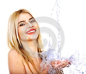 Wet woman face with water drop.