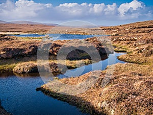 A wetland area forming peat near Eshaness, Northmavine on Mainland, Shetland, UK.