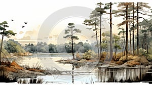 Wetland Sketch: Forest Birds And Pine Trees In Calm Waters