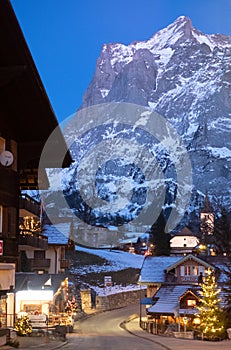 The Wetterhorn mountain, Grindelwald, Switzerland. Photographed at dusk with the sun setting on the mountain.