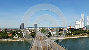 Wettstein Bridge over River Rhine in the city of Basel in Switzerland from above - aerial view