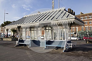 Victorian shelter along the Esplanade promenade, Weymouth, Dorset, England, UK,