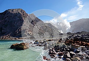 Whakaari or White Island harbour in New Zealand