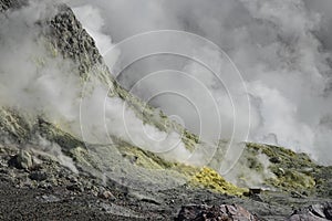 Whakaari or White Island sulphur field in New Zealand