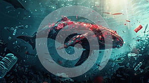 Whale amidst ocean pollution.AI generated image