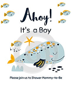 Whale baby shower invitation Ahoy Its a Boy Nautical Baby Shower invite card design Cute whale sea animal illustration