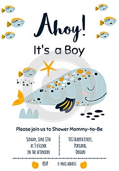 Whale baby shower invitation Ahoy Its a Boy Nautical Baby Shower invite card design Cute whale sea animal vector