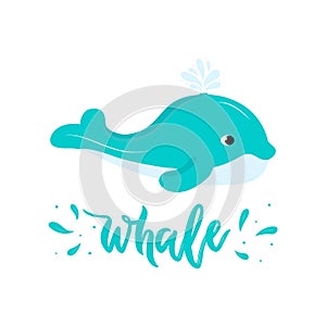 Whale blue cute with water splash. Icon isolated. Vector illustration. For logo of kids club, shcool, preshcool