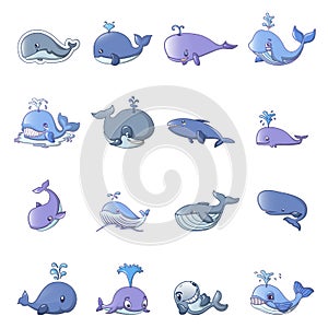 Whale blue tale fish icons set, cartoon style