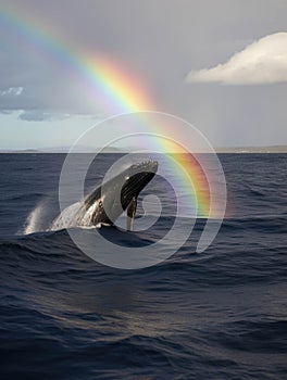 A whale breaching the deep seas surface a rainbow of light reflecting off its body.. AI generation