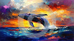 Whale breaching ocean sunset vibrant art