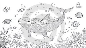 Whale and Fish Coloring Page -.