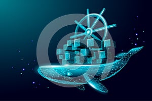 Whale and container computer docker developer app concept. Business digital open source program. Data coding steering 3D