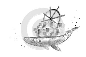 Whale and container computer docker developer app concept. Business digital open source program. Data coding steering 3D