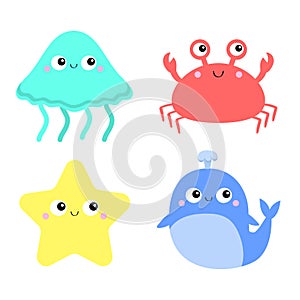 Whale Crab Jellyfish Starfish toy icon set. Big eyes. Yellow star. Cute cartoon kawaii funny baby character. Sea ocean animal