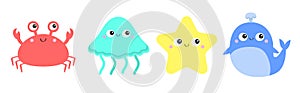 Whale Crab Jellyfish Starfish toy icon set line. Big eyes. Yellow star. Cute cartoon kawaii funny baby character. Sea ocean animal