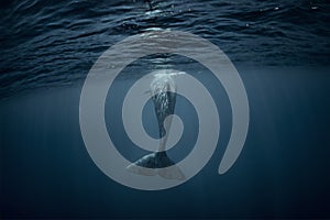 A whale in deep blue ocean underwater