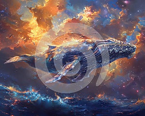 Whale diving through celestial seas
