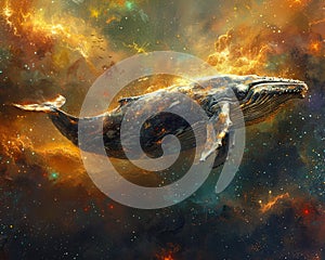 Whale diving through celestial seas photo