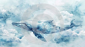 A whale drifts through clouds, rendered in soft, dreamy watercolors, blending sky with sea.AI Generate