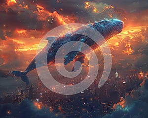 Whale flying over a dreamy landscape merging fantasy with nature in an illustrated journey.Illustration of a futuristic
