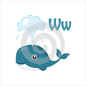 Whale. Funny Alphabet, Animal Vector Illustration