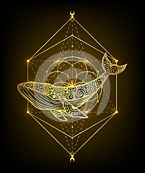 Whale gold mandala. Vector illustration.