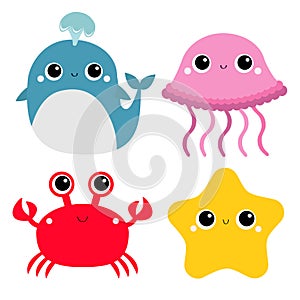 Whale Jellyfish Crab Starfish toy icon set. Big eyes. Yellow star. Cute cartoon kawaii funny baby character. Sea ocean animal