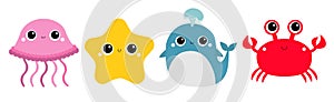 Whale Jellyfish Crab Starfish toy icon set line. Big eyes. Yellow star. Cute cartoon kawaii funny baby character. Sea ocean animal