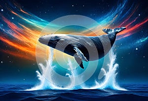 a whale jumping out of the water with colorful lights
