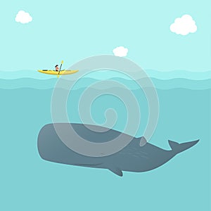 Whale and Kayak isolated on Blue sea background. Kayaking with Sperm Whale Physeter macrocephalus. Submarine and Boats vector