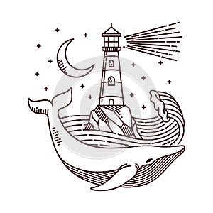 Whale and lighthouse line illustration