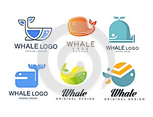 Whale Logo with Abstract Marine Animal Shape Vector Set