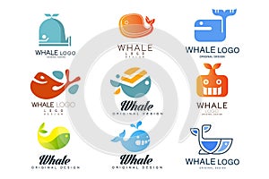 Whale logos original design set, creative emblems can be used for travel agency, shipping company, seafood market, pool