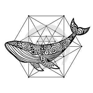 Whale mandala. Vector illustration. Whale sea animal in Zen style