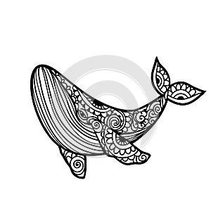 Whale mandala. Vector illustration. Whale sea animal in Zen style