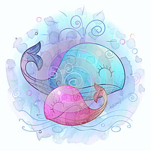 Whale mom with a small whale. Motherhood. Watercolor. Vector