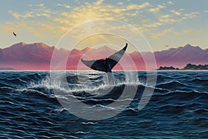 Whale in the ocean at sunset. 3D render illustration, Seascape with Whale tail, AI Generated