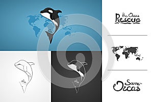 Whale Orca. Concept vector hand drawn illustration, logo. Design of simple icon with text. Sketch art. Flat design. Lettering. Inf