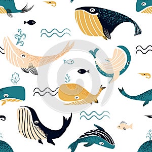 Whale pattern. Seamless print with cartoon ocean swimming characters. Adorable water wild animals and sea waves. Humpbacks and