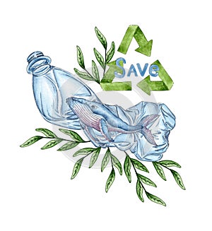 Whale in plastic bottle seaweed and garbage recycling sign watercolor
