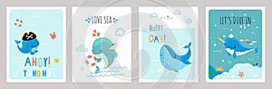 Whale printable cards. Positive simple posters with flat underwater characters. Marine animals, aquatic whales and