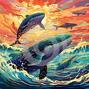 Whale's Journey: Mighty cetaceans gracefully navigating the vast blue expanse
